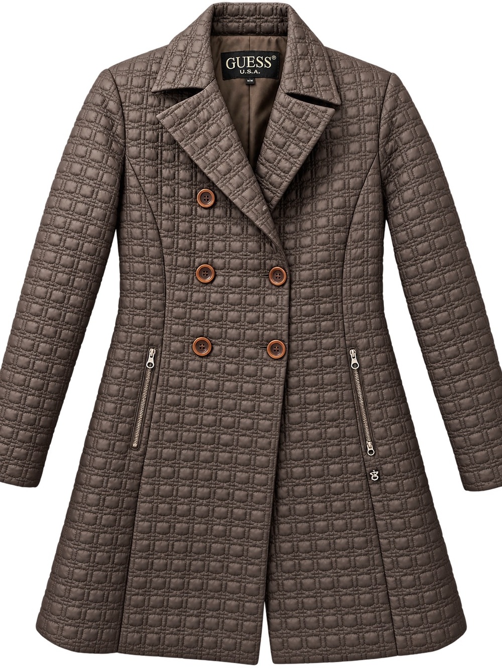 GUESS Quilted Double-Breasted Brown Utility Coat